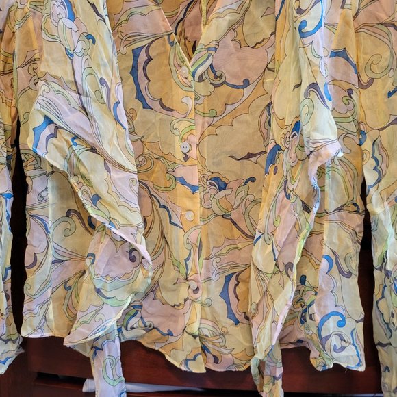 ILLIA  Long Sleeves - 100% Silk Sheer Floral Blouse -  Yellow Floral - Size 2. - Picture 5 of 11